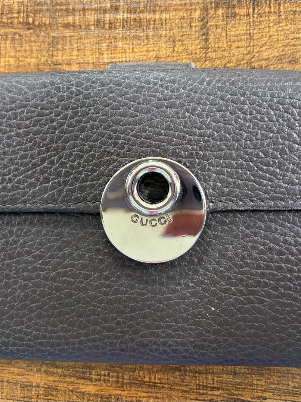 Gucci Black Pebbled Leather Wallet with Silver-Tone Logo Snap